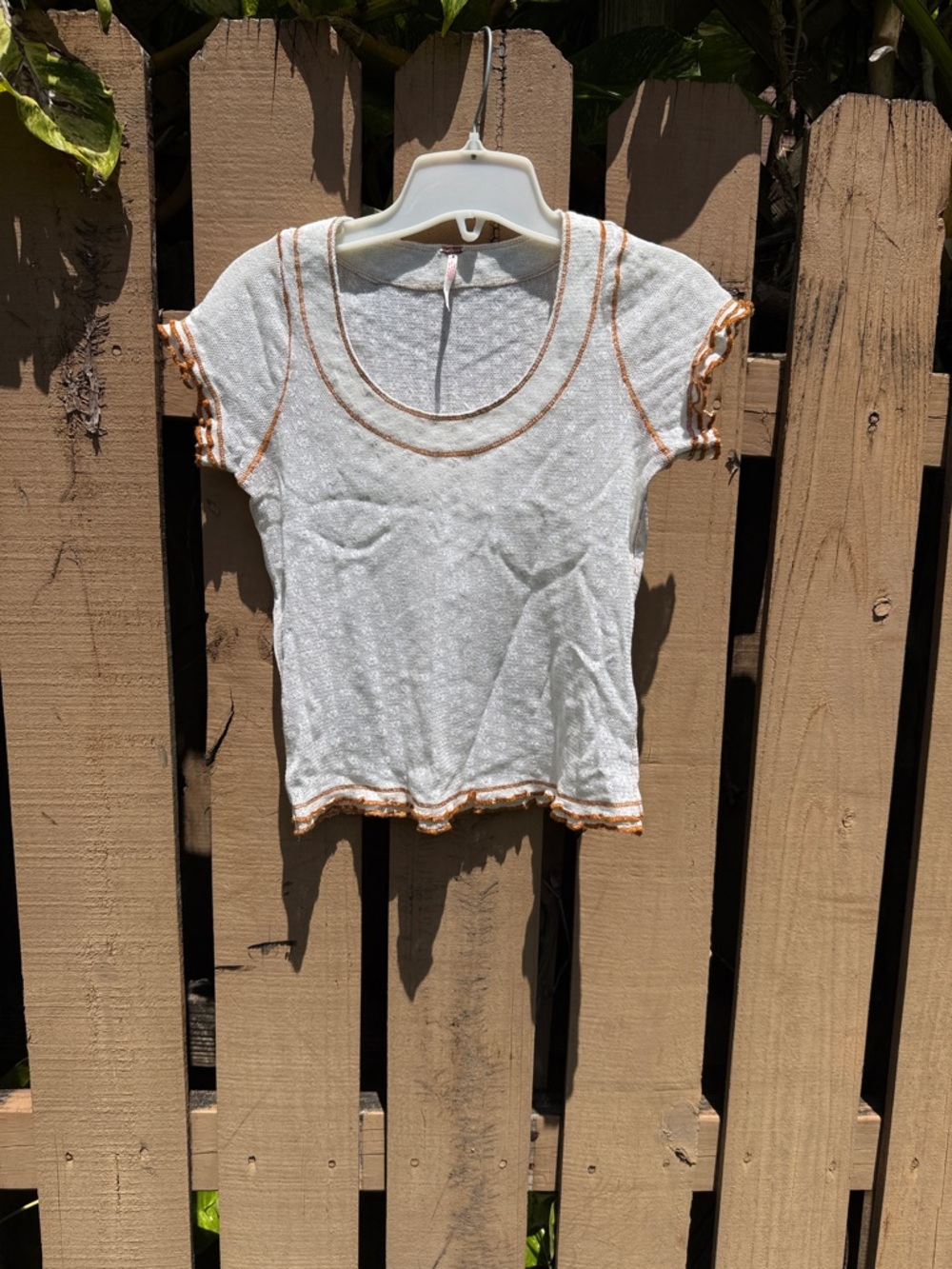 Free People White Knit Crop Top with Tan Trim